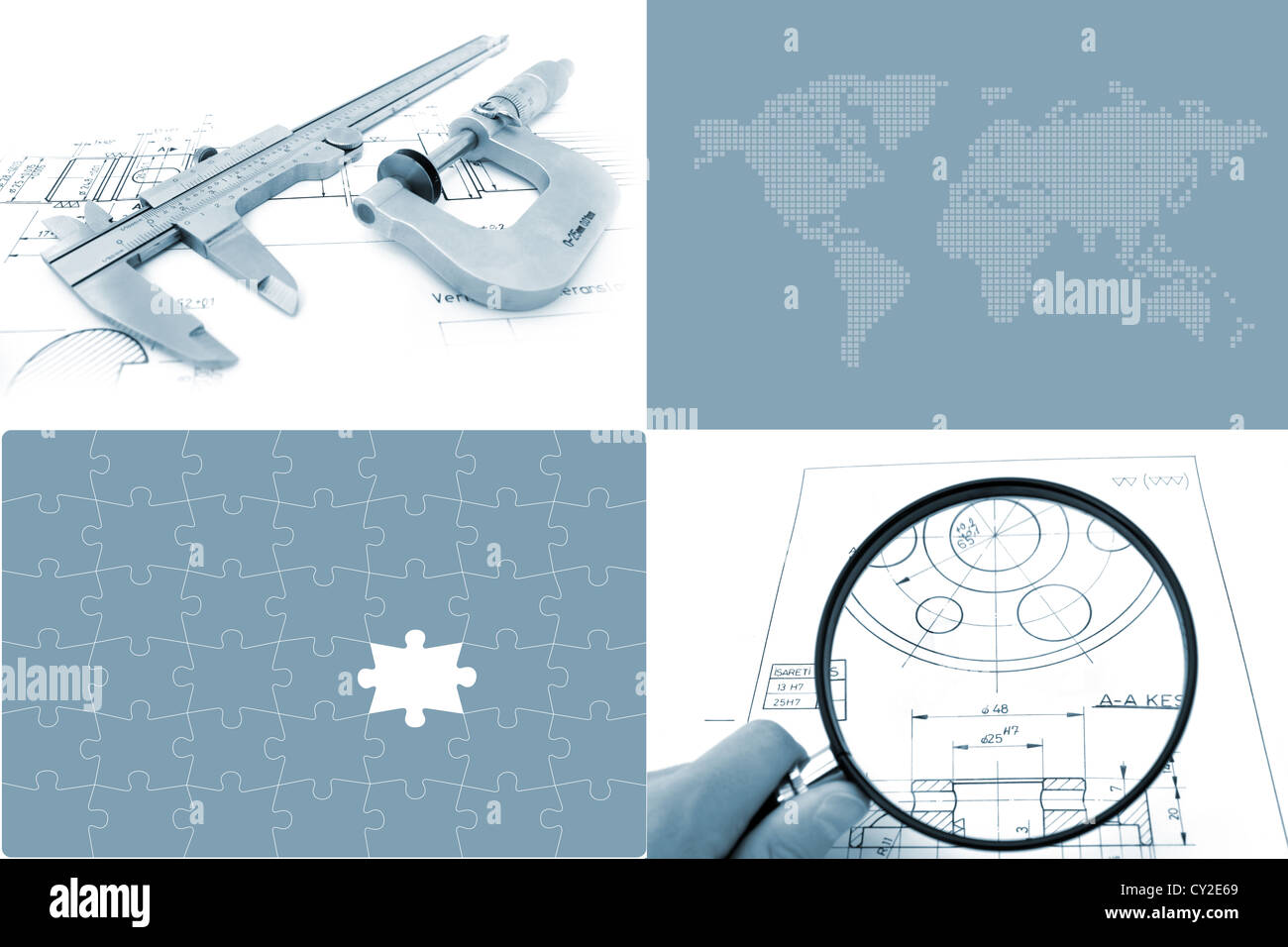 Global Engineering-Konzept. Zwei Fotos und zwei Illustration in blauen Farbton. Stockfoto