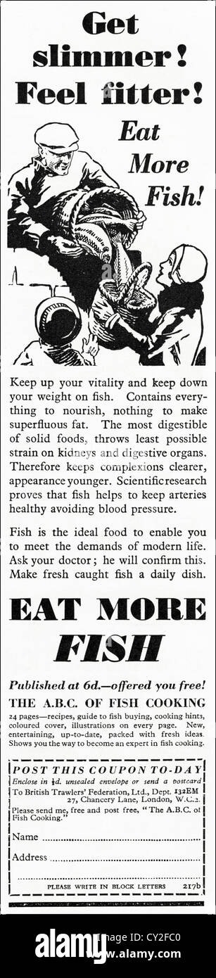 Original der 1930er Jahre Vintage Printwerbung aus englischen Verbrauchermagazin Werbung Essen mehr Fisch Stockfoto