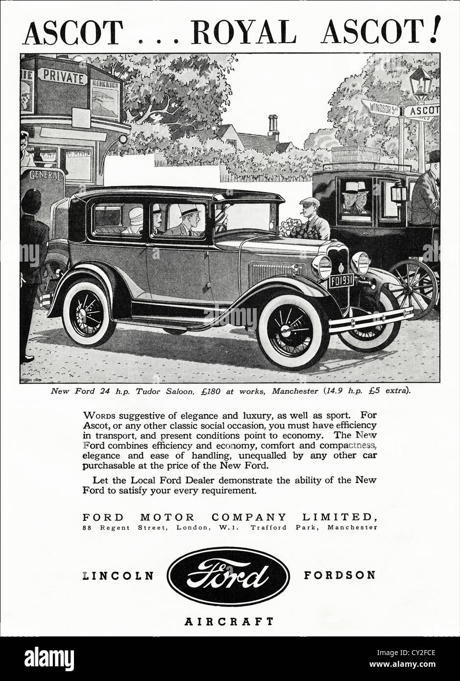 Original der 1930er Jahre Vintage print Werbung von englischen Verbraucher Zeitschriftenwerbung Ford Tudor Saloon in Royal Ascot Stockfoto