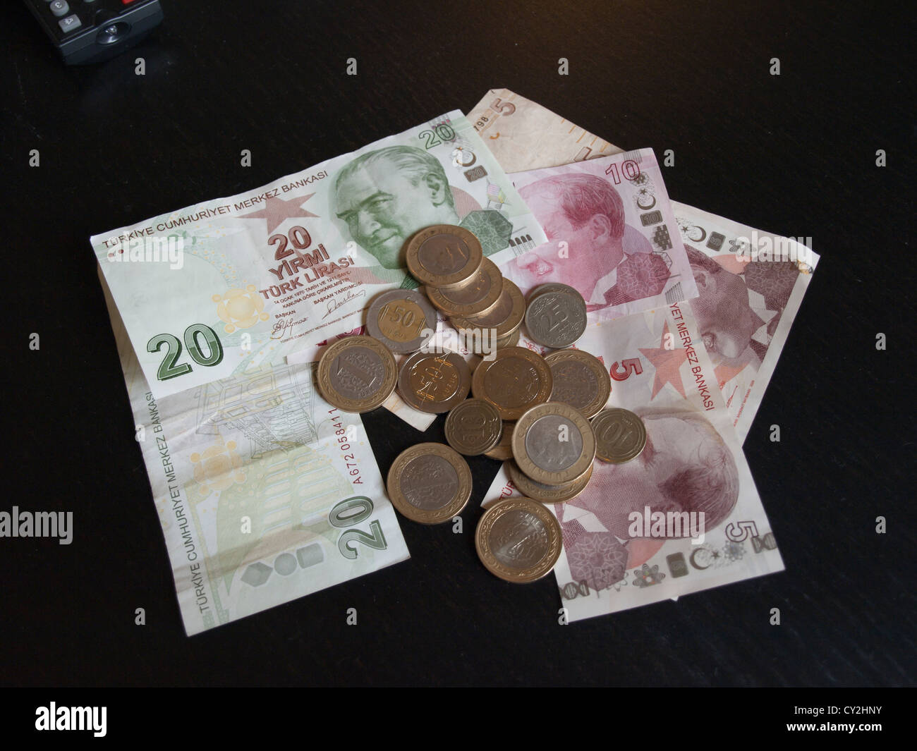 Türkischen Banknoten und Münzen der verschiedenen Werte, Lira und kurus Stockfoto