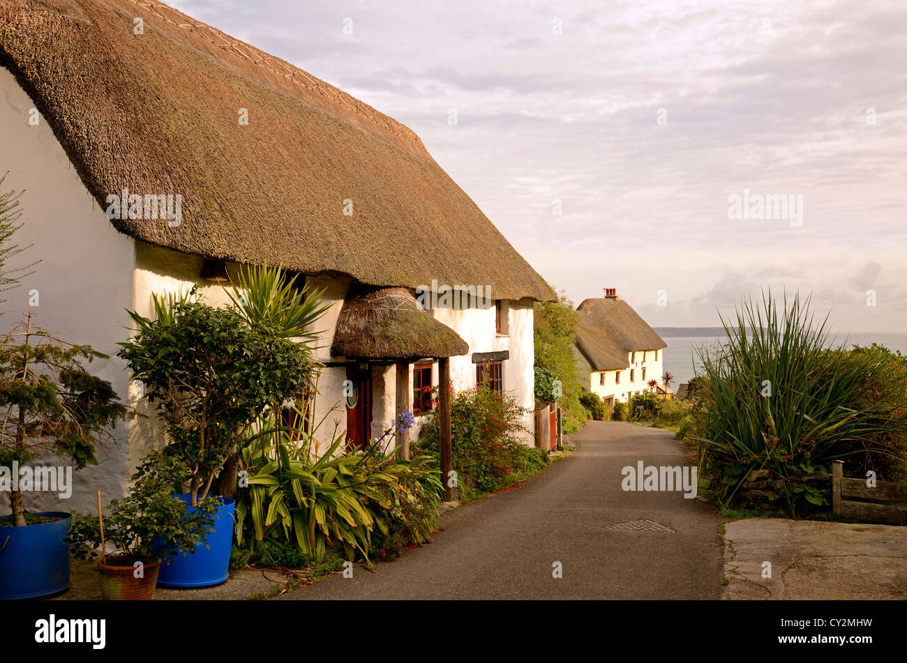 Einen idyllischen reetgedeckten Dach Hütte Kirche Cove auf der Lizard Halbinsel in Cornwall, England, UK Stockfoto