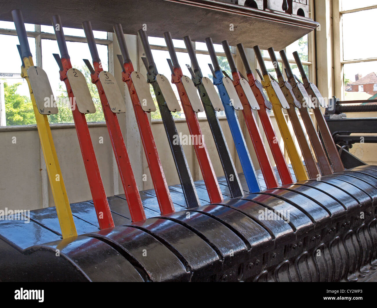 Das Innere des erhaltenen Stellwerk in Sheringham Station in North Norfolk Norfolk England Stockfoto