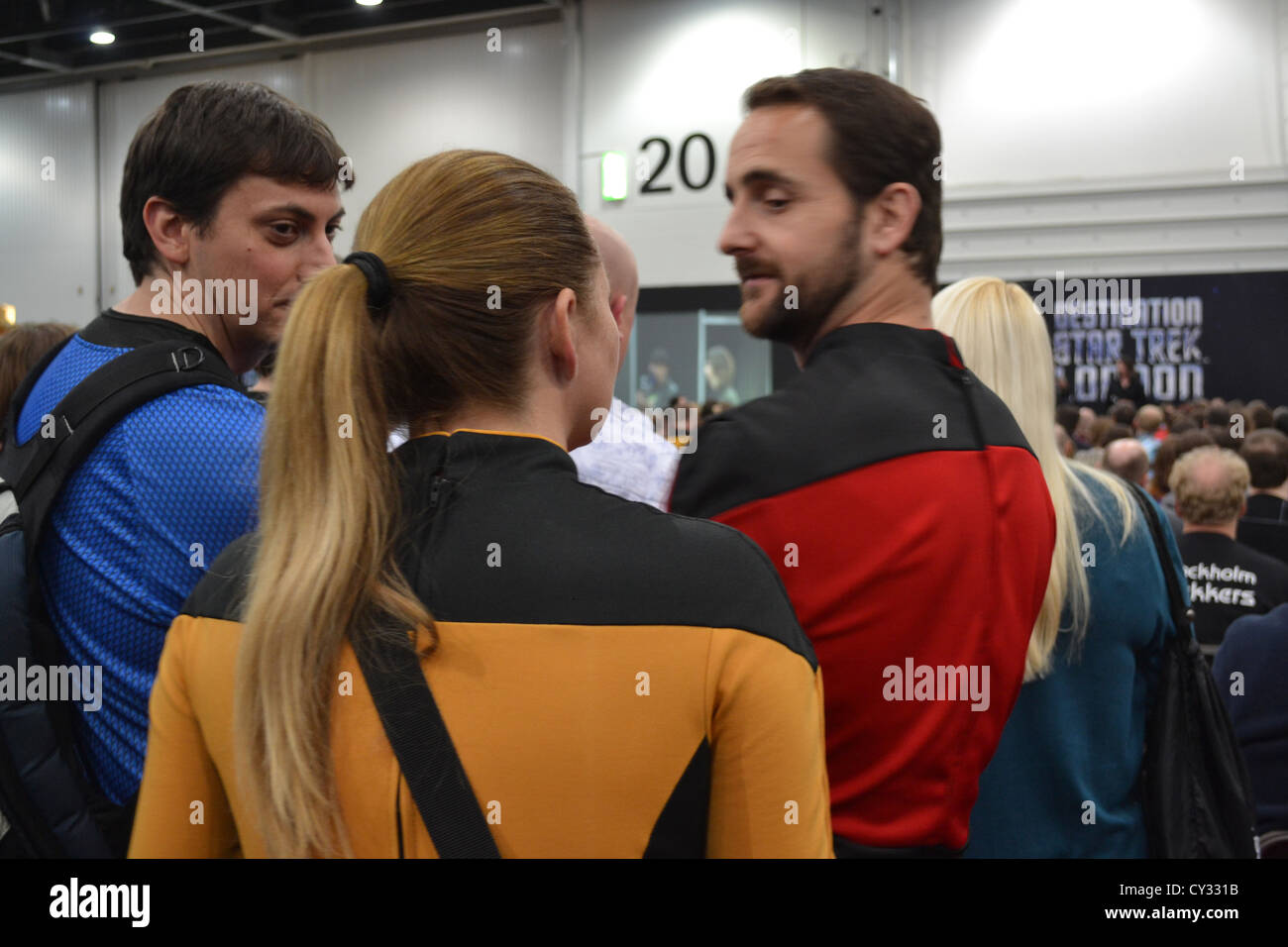 Star Trek-Fans gerade einen Vortrag auf der Star Trek Convention, London. Stockfoto