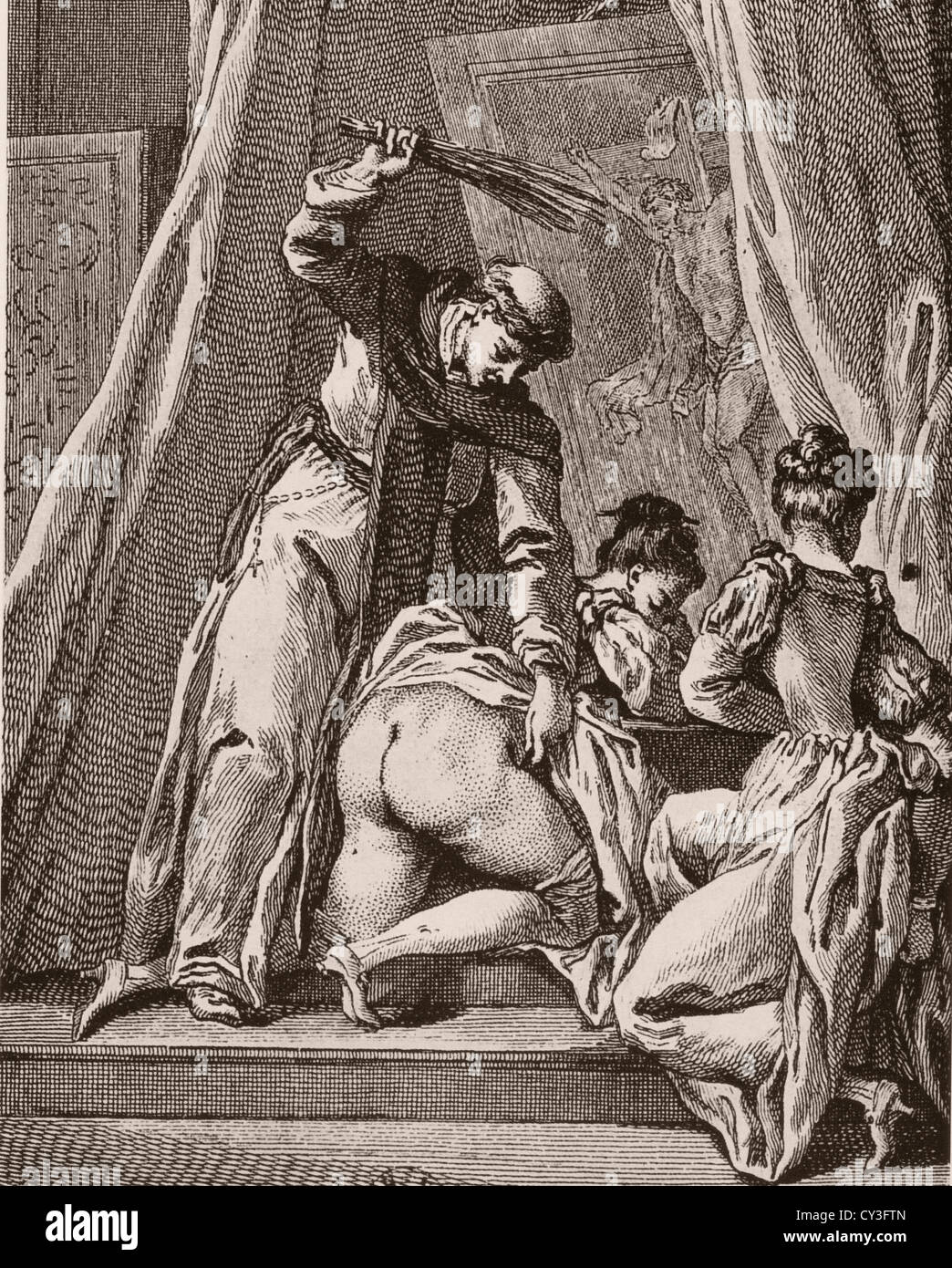 Charles Monnet (1732-1808) die Geißelung der Büßer, Kupferstich von D'Ambrum Ende 1700 Stockfoto