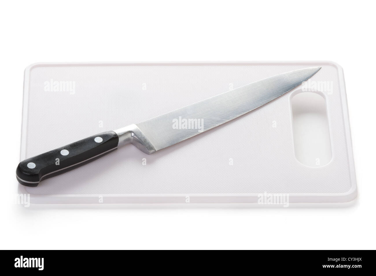 Edelstahl Küche Messer und hacken-Board zur Zubereitung von Speisen isoliert auf weiss Stockfoto