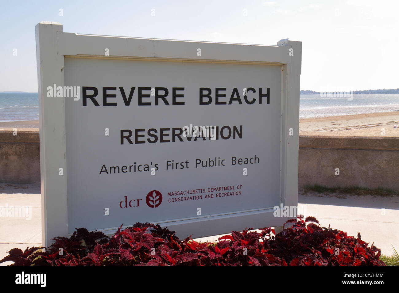 Boston Massachusetts, Revere Beach, Schild, erster öffentlicher Strand, Broad Sound, MA120827010 Stockfoto