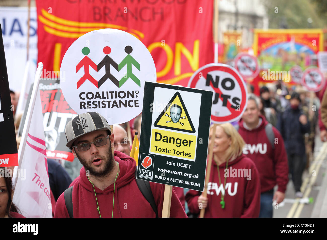 Eine Zukunft, die funktioniert - TUC CWU März, Zentrum von London. Anti-Kürzungen anti strenge Masse Protestbewegung gegen die Politik der Regierung Stockfoto