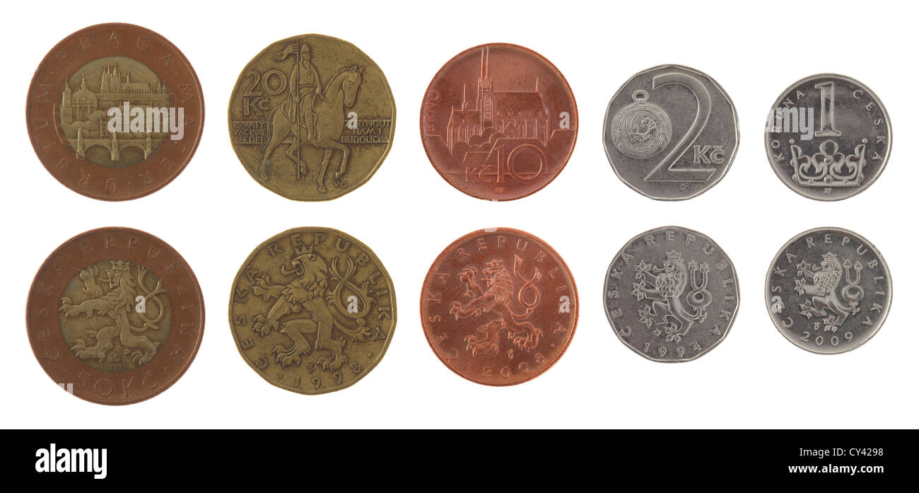 Tschechische Krone Münzen isoliert auf weiss Stockfoto
