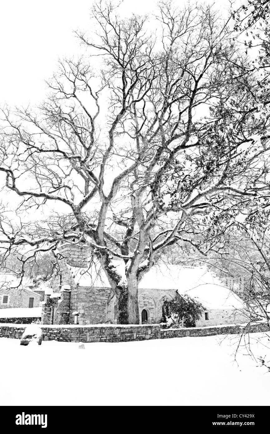 Europa, Frankreich, Bretagne, Finistere (29), Plounevezel, Kapelle von Str. Catherine, in der Nähe von Carhaix mit Schnee Stockfoto