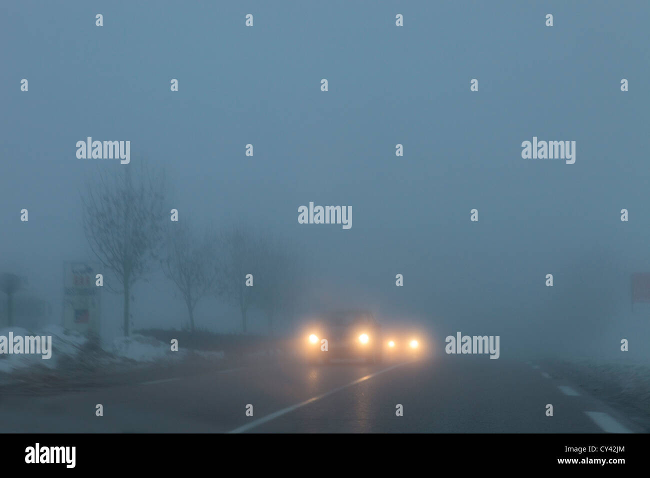 Europa, Frankreich, Normandie, Orne (61), Scheinwerfer eines Autos auf einer verlassenen Straße in der Nacht im Nebel Stockfoto