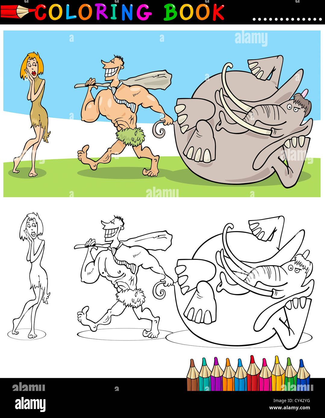 Malbuch oder Seite Cartoon Illustration der Familie paar lustige Höhlenmenschen Stockfoto