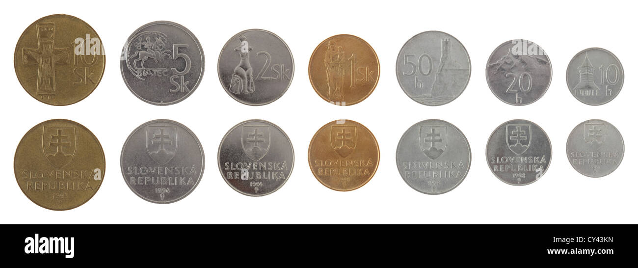 Alten slowakischen Kronen Münzen isoliert auf weiss Stockfoto
