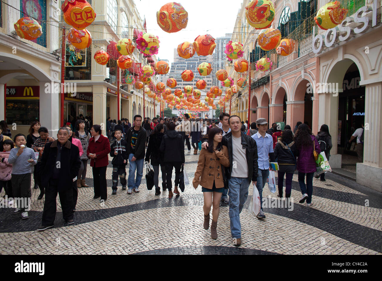 Dekorationen während Chinese New Year in Macau, China Stockfoto