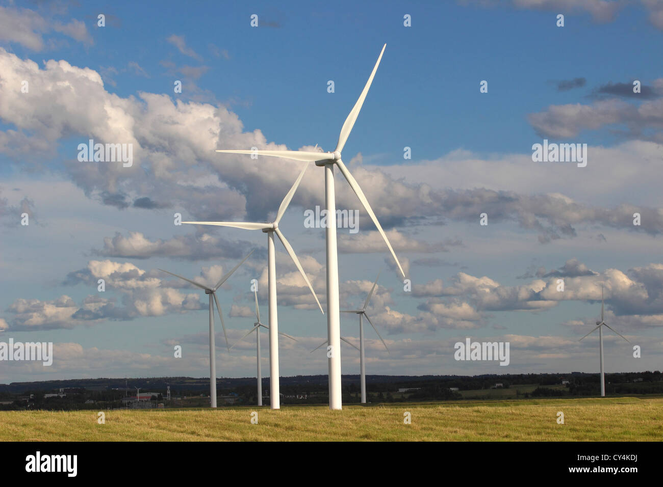 Windenergie Bauernhof Nova Scotia Kanada Amherst kanadischen Maritimes Wind Turbine grünen Strom Windmühlen Messer erzeugen Stockfoto