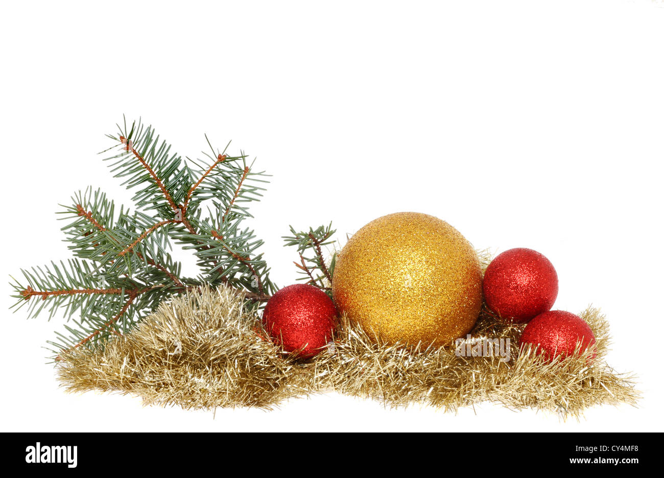 Weihnachts-Dekoration Kugeln, Lametta und eine Tanne Zweig Stockfoto