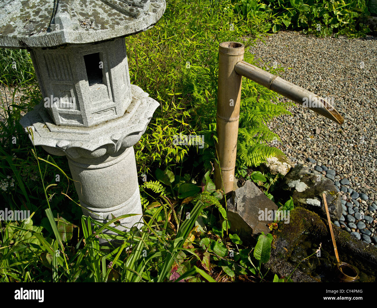 Stein Laterne Und Bambus Wasserspiel In Einem Japanischen Garten