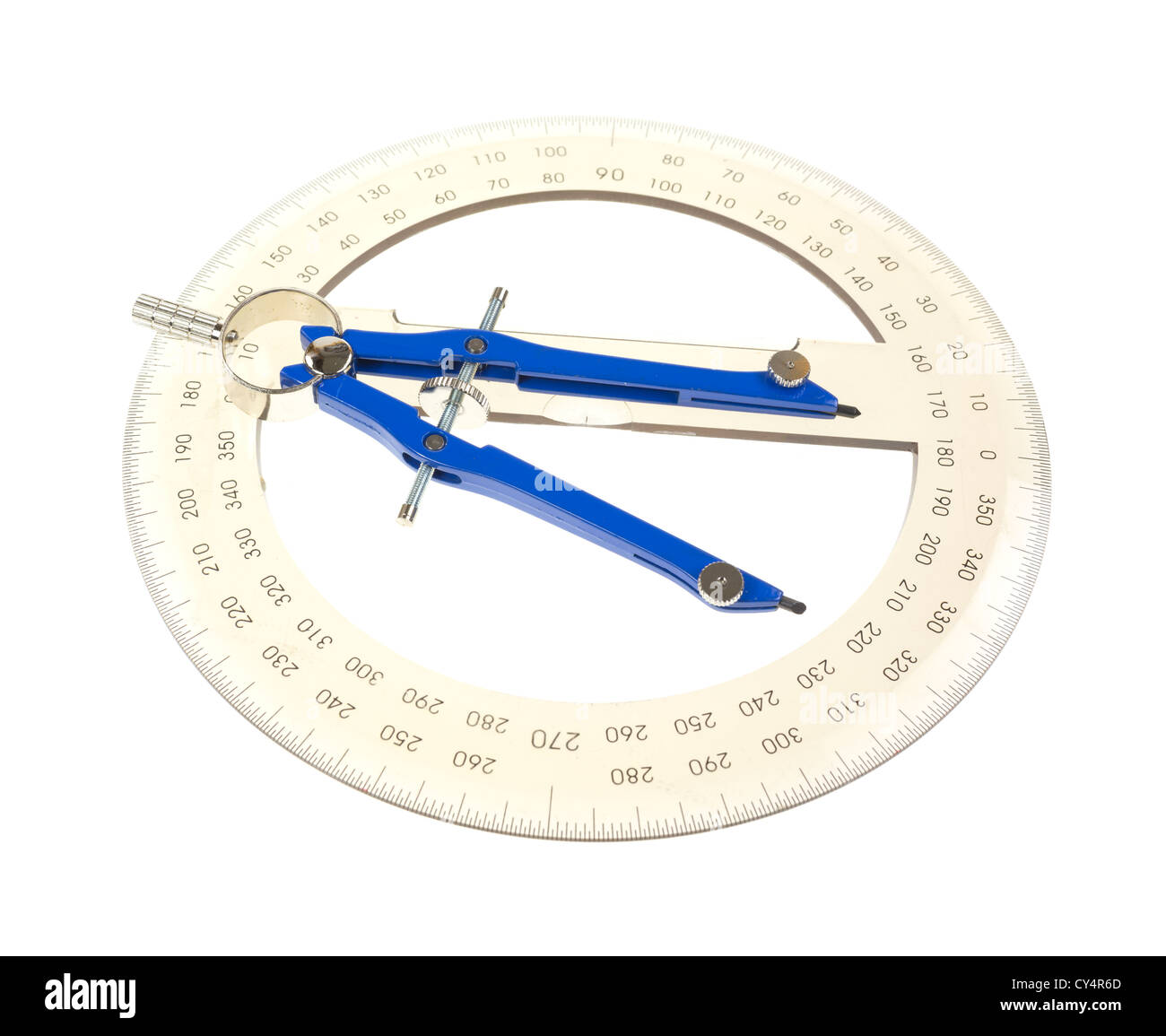 Eine Ausarbeitung Kompass mit einem Winkelmesser auf weißem Hintergrund. Stockfoto