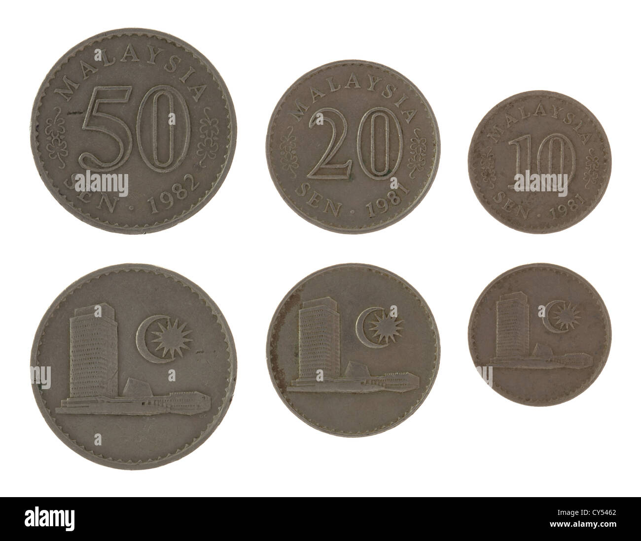 Alten malaysische Sen Münzen isoliert auf weiss Stockfoto