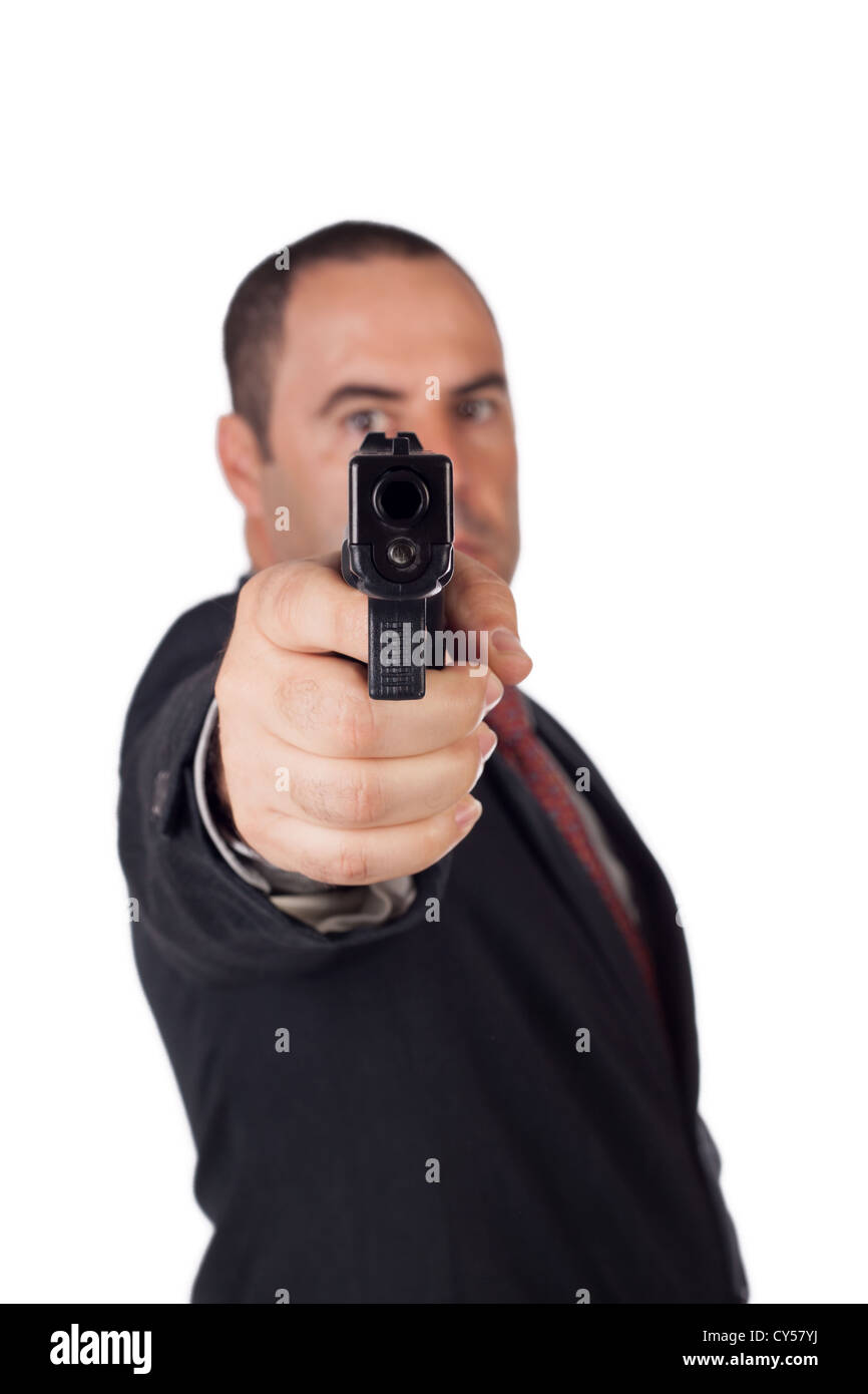 Mann mit einem Gewehr schussbereit (Schwerpunkt der Waffe) Stockfoto