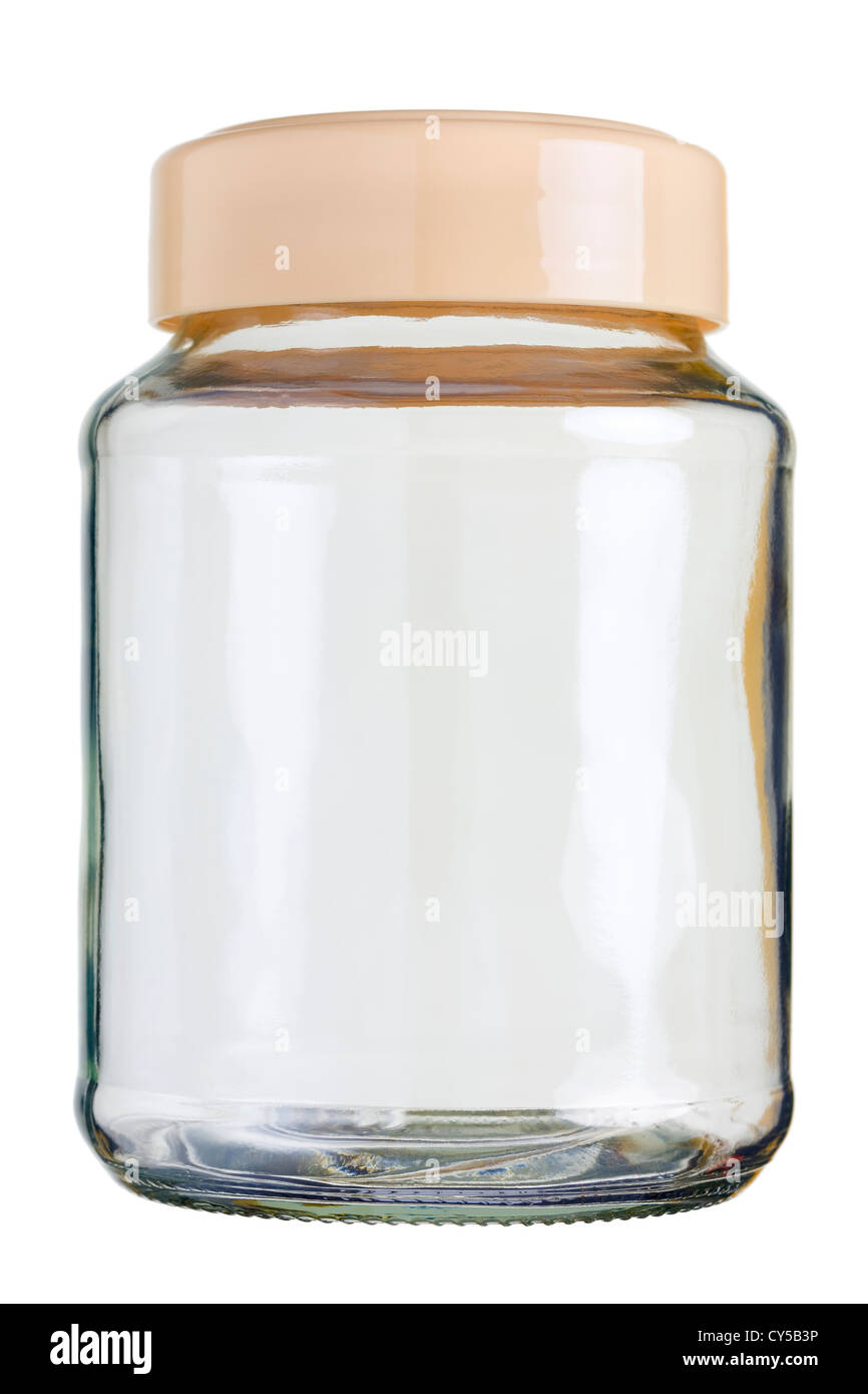 Nahaufnahme eines leeren konservierenden Glases isoliert auf weißem Hintergrund. Stockfoto