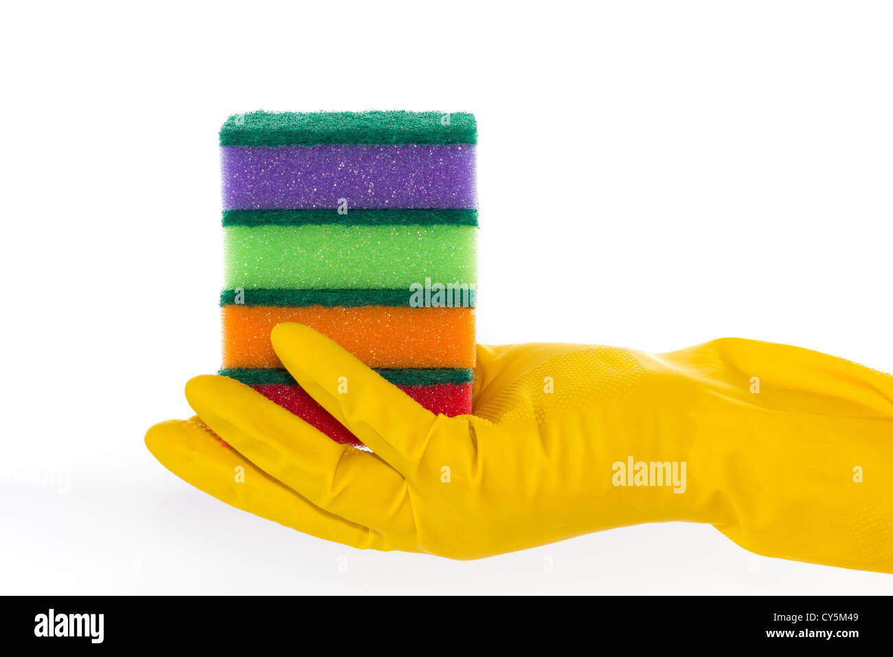 Hand in Gummihandschuh hält mehrere Reinigungs Schwämme auf isolierte Hintergrund Stockfoto