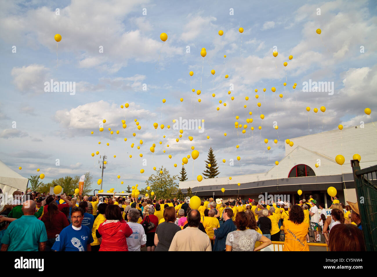 Gelbe Ballons von Krebsüberlebenden auf einer Fundraising-Veranstaltung veröffentlicht. Stockfoto