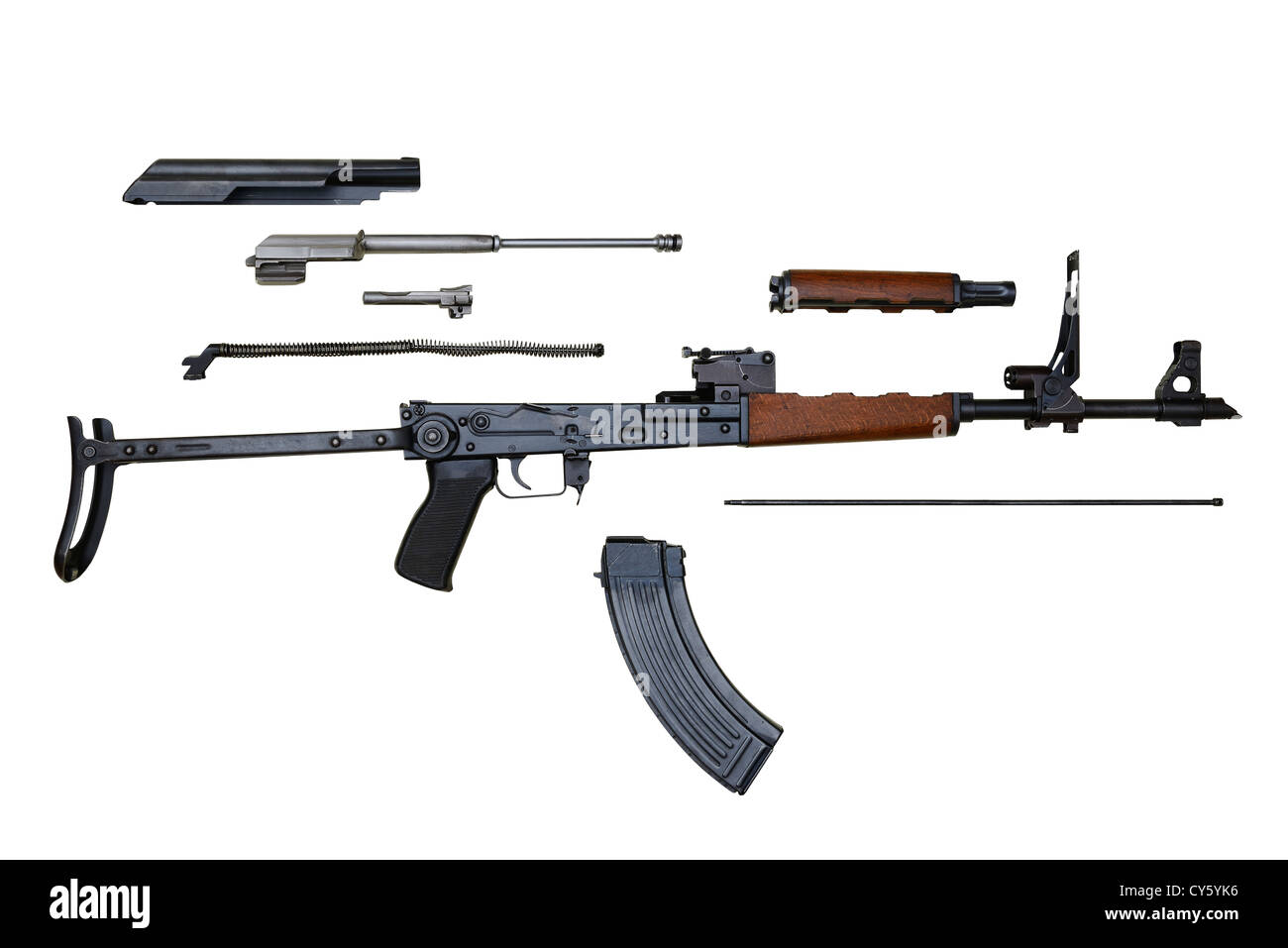 AK47 Kalaschnikow-Sturmgewehr AKMS abgestreift für die Reinigung. Stockfoto