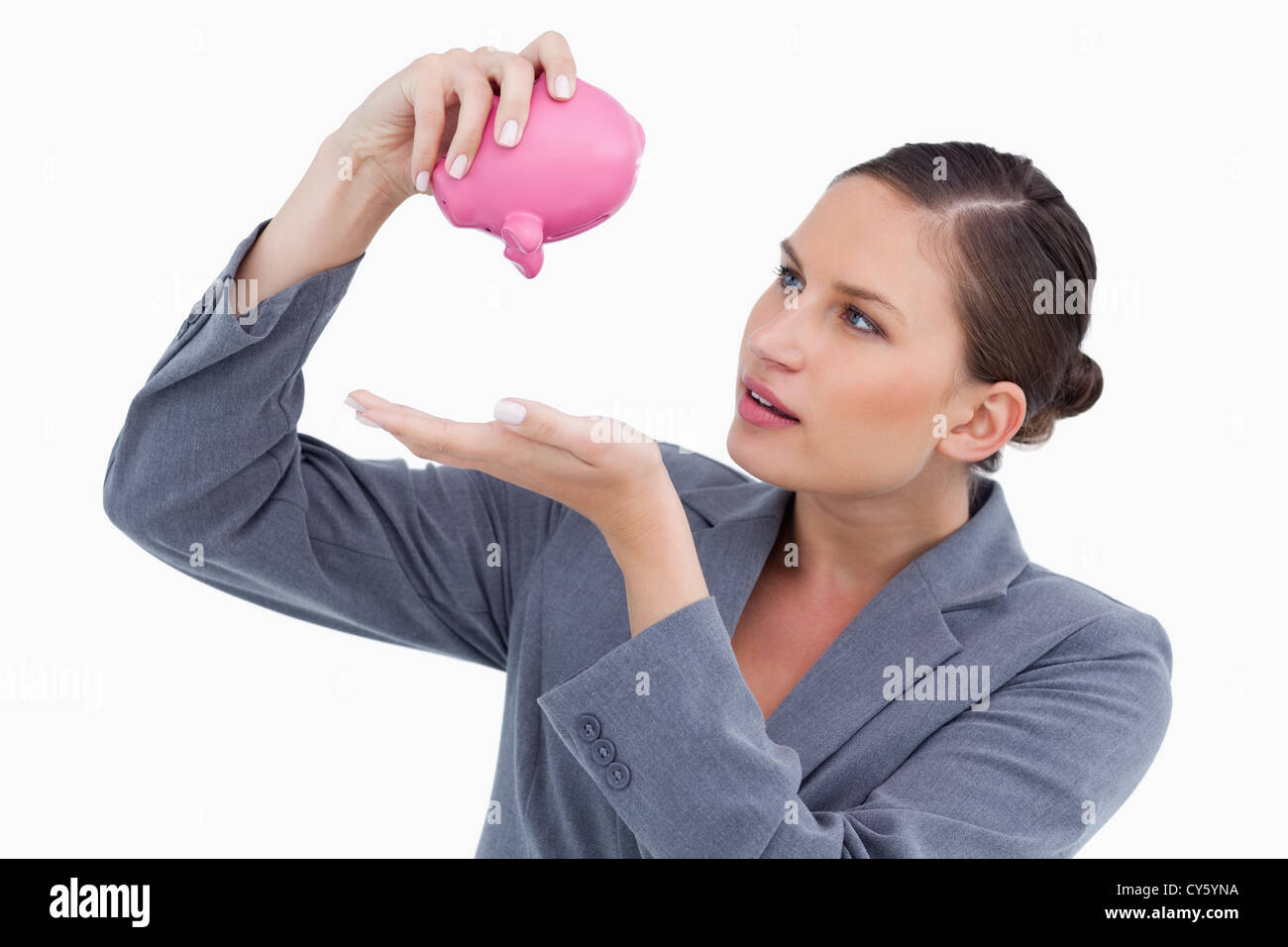 Bankkaufmann, leeren Sparschwein Stockfoto