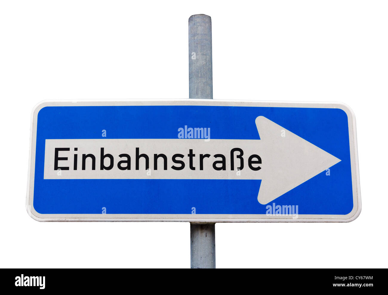 One way Straßenschild in deutscher Sprache (Einbahnstrasse), isoliert auf weißem Hintergrund Stockfoto
