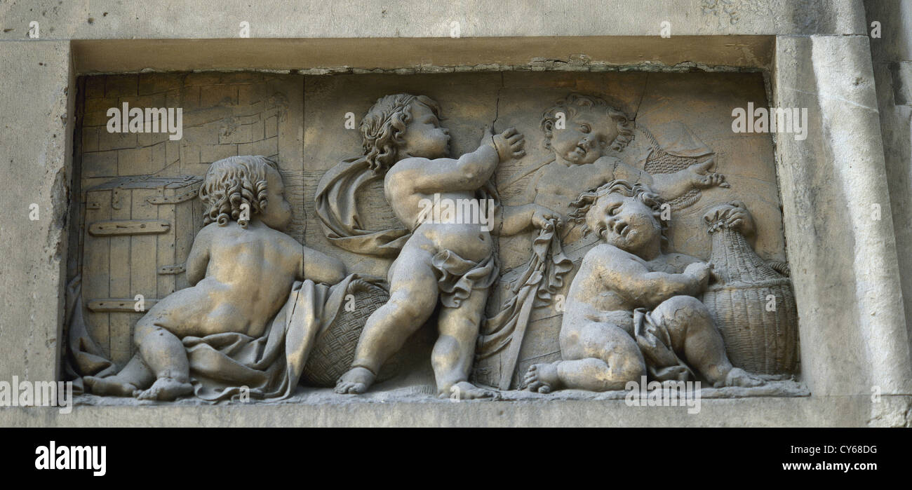 Spanien. Barcelona. Porxos d ' en Xifré. Detail-Relief. Allegorie des Meeres. Stockfoto