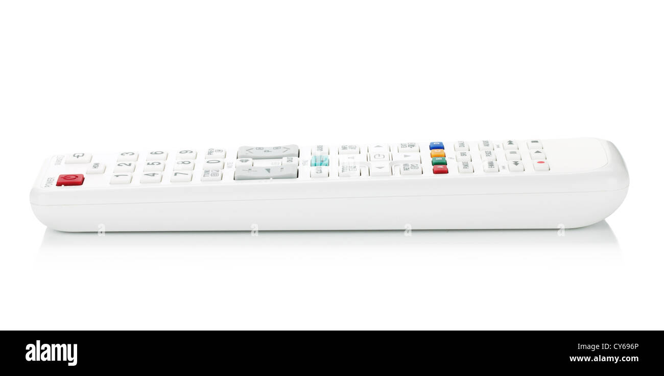 White TV-Fernbedienung. Isoliert auf weißem Hintergrund Stockfoto