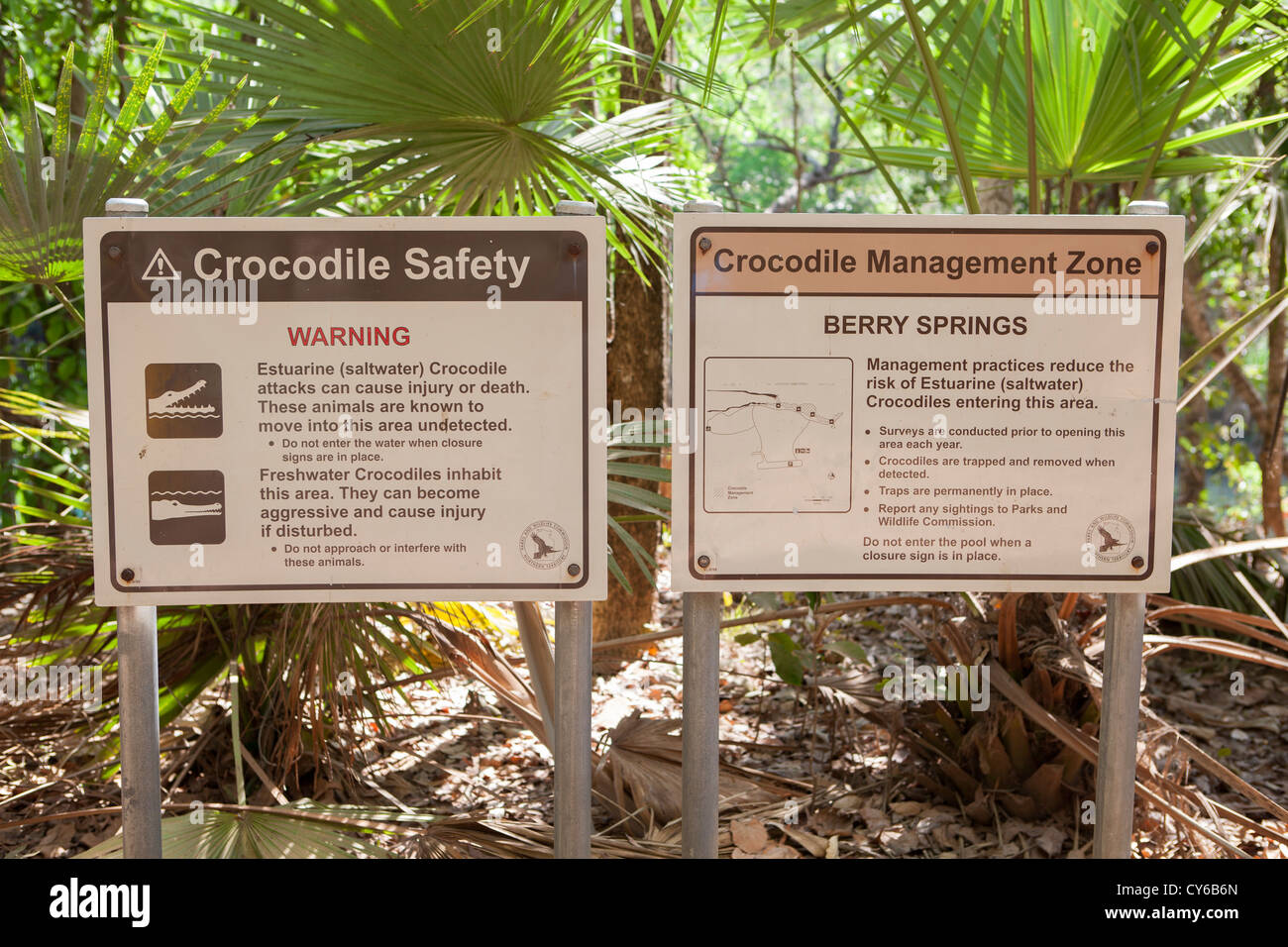 Krokodil Sicherheit Warnzeichen bei Berry Springs, Northern Territory, Australien. Stockfoto