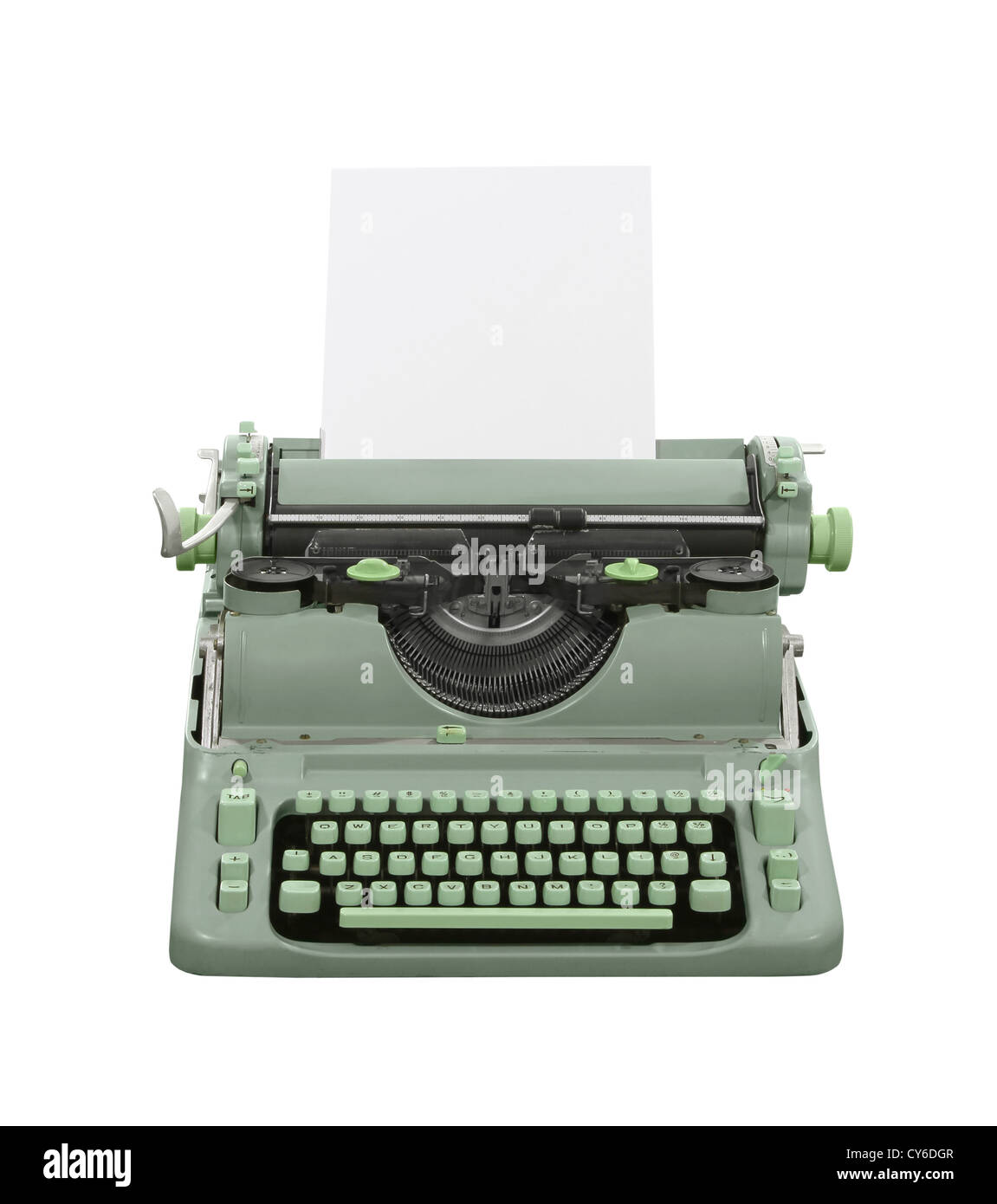 Alte grüne Schreibmaschine mit Beschneidungspfad isoliert. Stockfoto