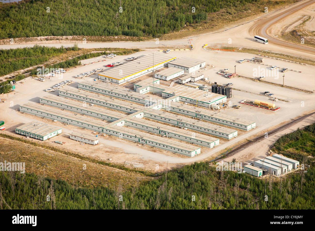 Ein Tar sands Arbeiter Camp, nördlich von Fort McMurray, Alberta, Kanada. Die Ölsande sind das größte Industrieprojekt im Flugzeug Stockfoto