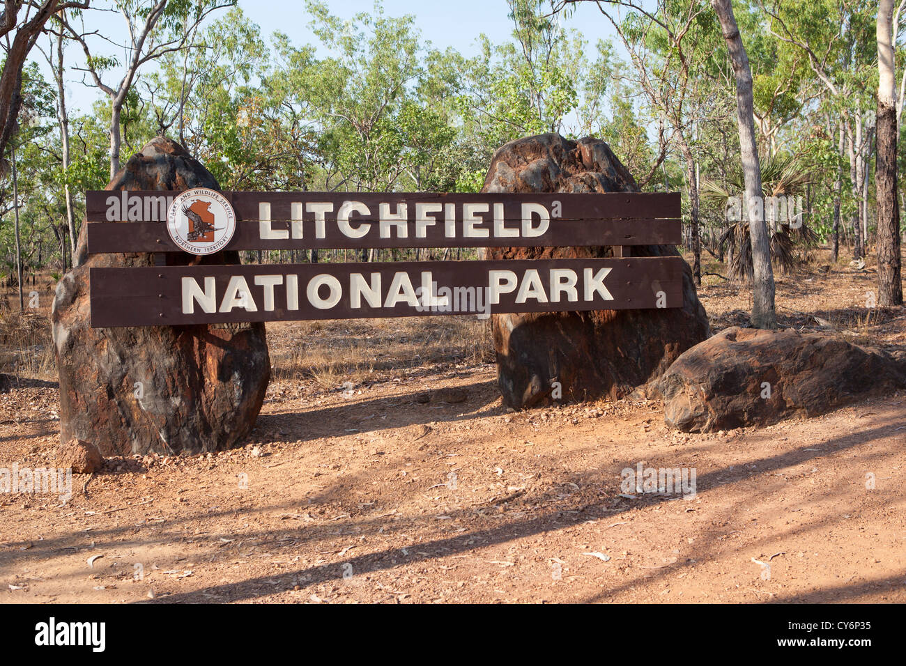 Eingangsschild zum Litchfield Nationalpark, Northern Territory, Australien. Stockfoto