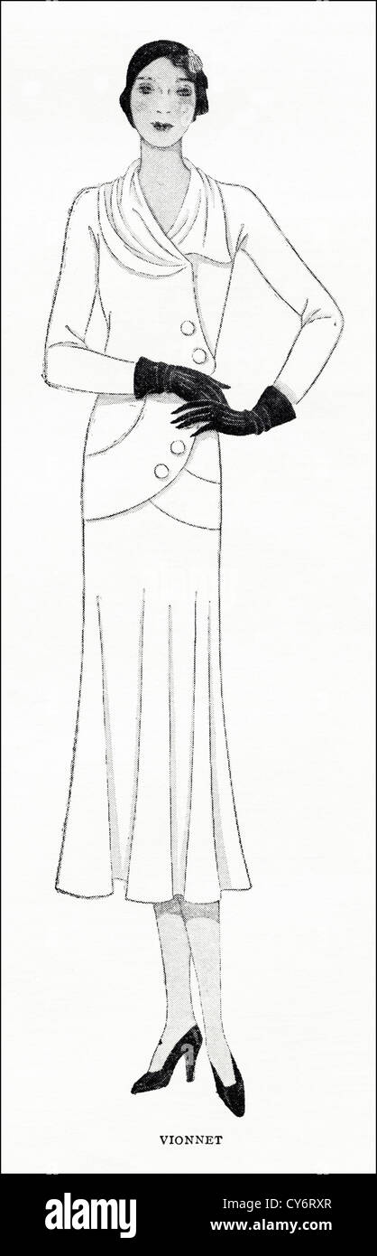 Original der 1930er Jahre Zeitschrift Illustration Paris Sommermode. Weiße zweiteilige Crêpe-Kleid mit großen braunen Holzknöpfe von Designer Vionnet Stockfoto