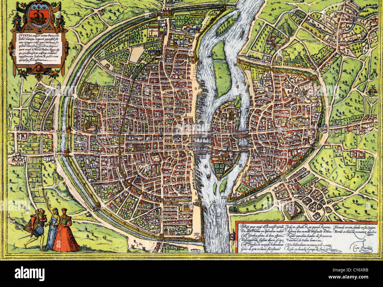 Karte von PARIS ca. 1590 von Georg Braun & Franz Hogenberg der "Civitates Orbis Terrarum" Stockfoto