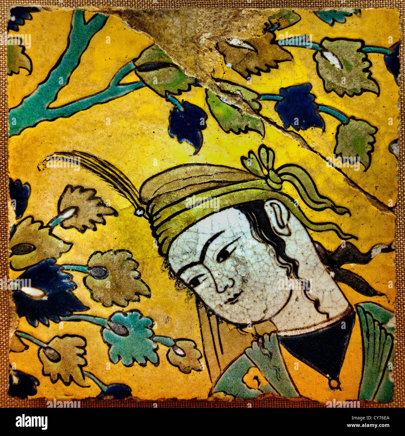 Kachel Fragment Garten Bedienfeld "Szene" 17. Jahrhundert Iran Stonepaste Polychrome Glasur 22cm Keramik Iran iranische Persien persische Arabisch Stockfoto