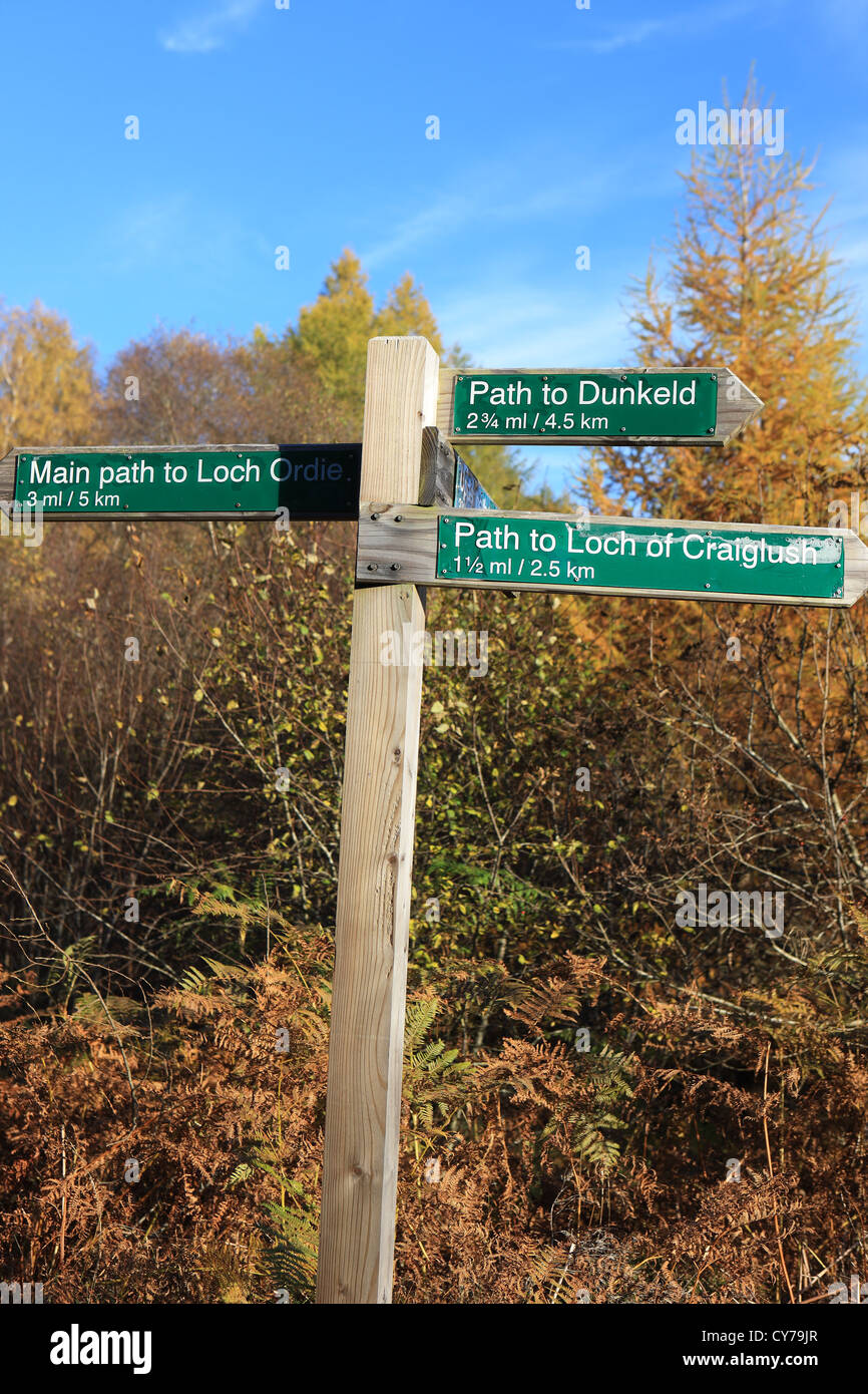 Anzeichen für Wanderwege in die Atholl Ländereien in der Nähe von Dunkeld in Perthshire Schottland Stockfoto