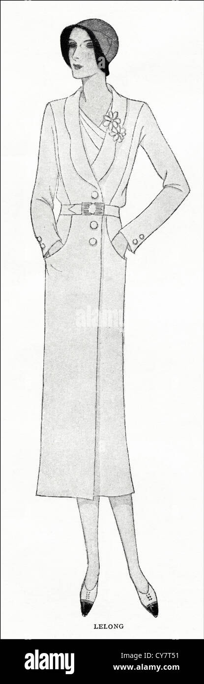 Ursprüngliche 1930er Jahre Zeitschrift Illustration von Paris Sommer Mode Belted Decklack in weißen Cheviot und Patch vom Designer Lelong versenkt Stockfoto