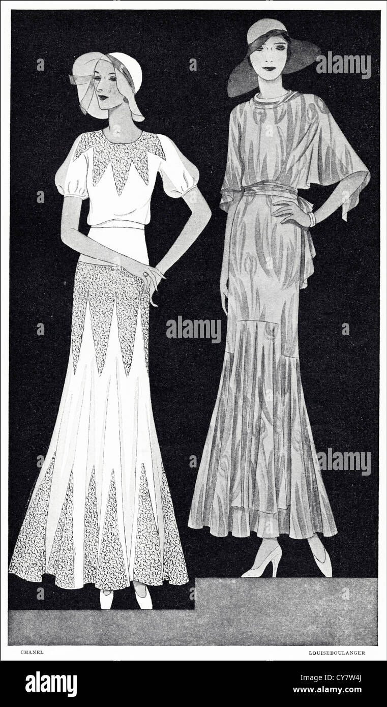 Original der 1930er Jahre Zeitschrift Illustration Paris Sommermode. (links) Schlichte weiße Kopfbedeckung mit verkrusteten Punkt de Venise, die Spitze mit kurzen Blätterteig Ärmel Spitze der breiten Capeline Hut Leghorn Stroh mit Spitzen von Designer Chanel getrimmt ist. (rechts) Formelle Nachmittag Kleid bedruckte Chiffon in rosa und rot mit schwarzen Spitze Blättern auf einem blassen Rosa Hintergrund Hut ist in rosa und rot mit Stroh Krempe und Seide Krone von Designerin Louise Boulanger Tulpe Design. Stockfoto