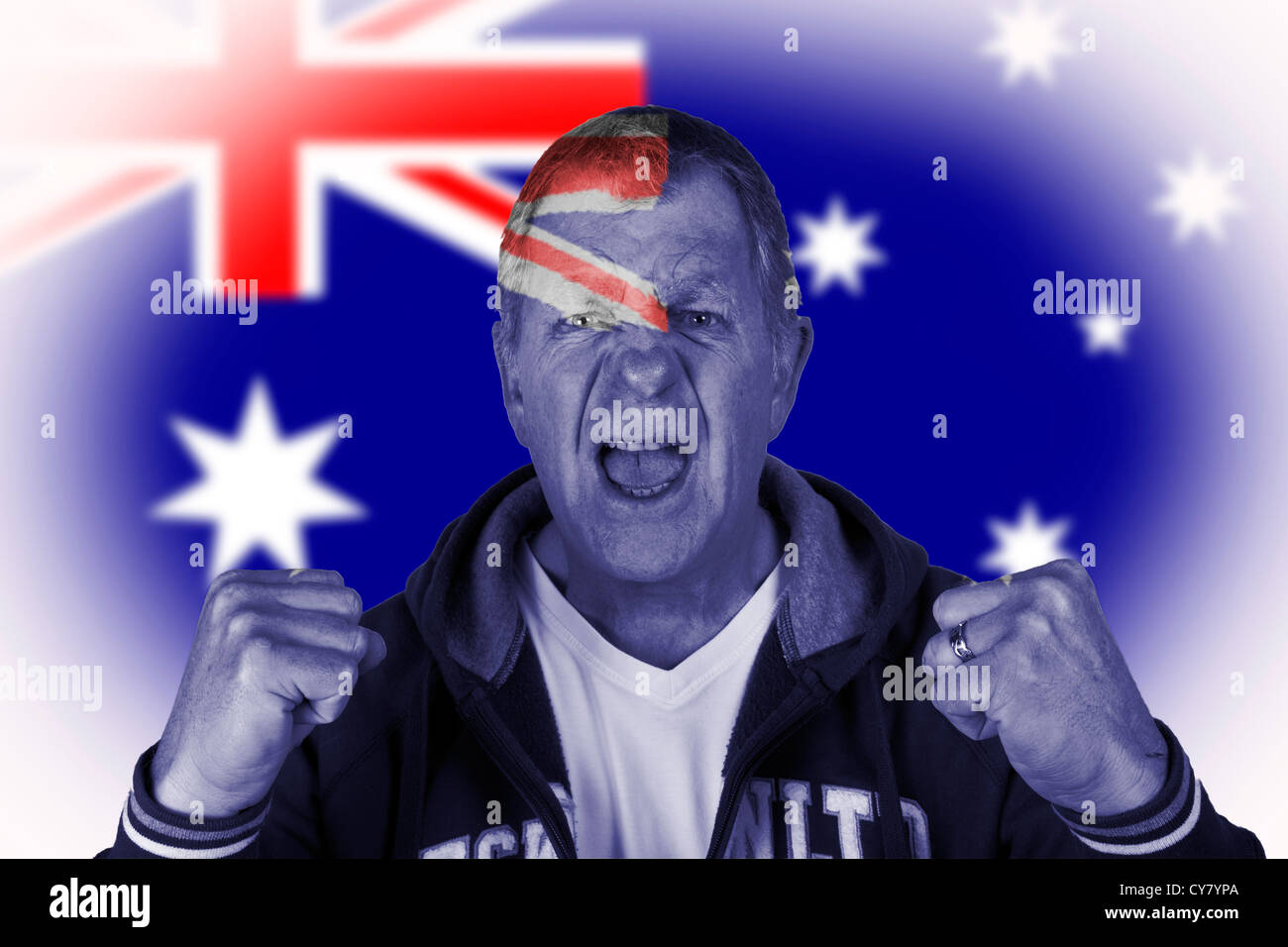 Australische Australien nationalistischen laut begeisterten fanatischen wütend Sport Fußballfan. Stockfoto
