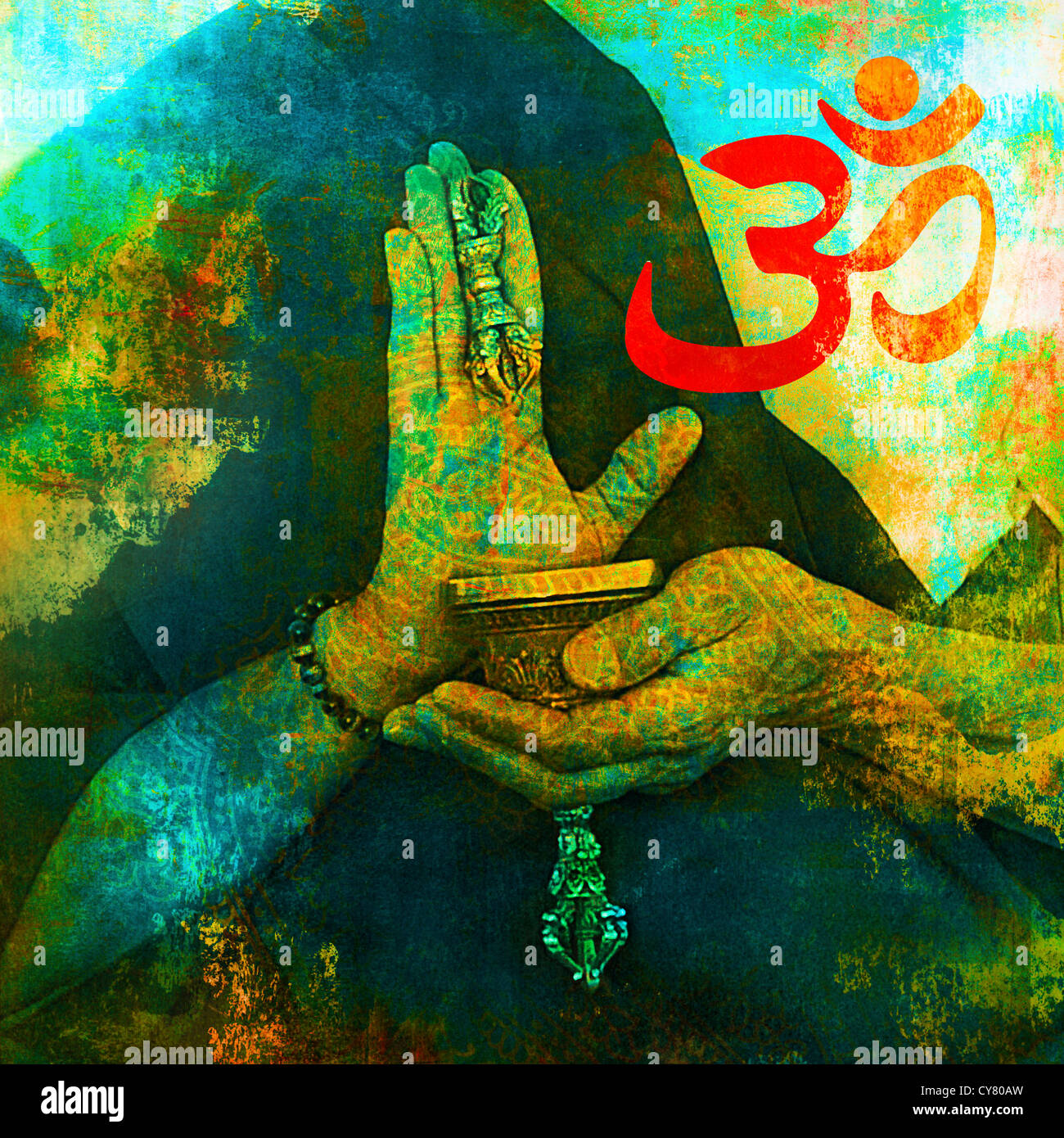 Om Zeichen mit buddhistischen Händen. Stockfoto