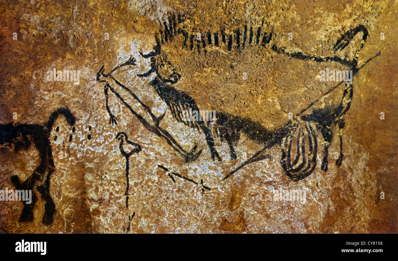 Höhle Gemälde Mann und Bison, Lascaux, Frankreich Stockfoto