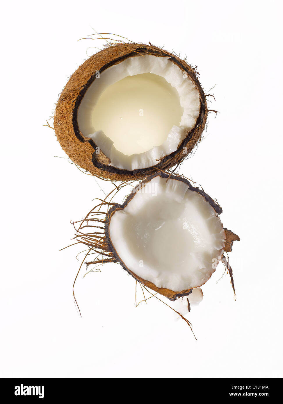 Kokosnuss halbiert mit Schale und Schale geknackt Stockfoto