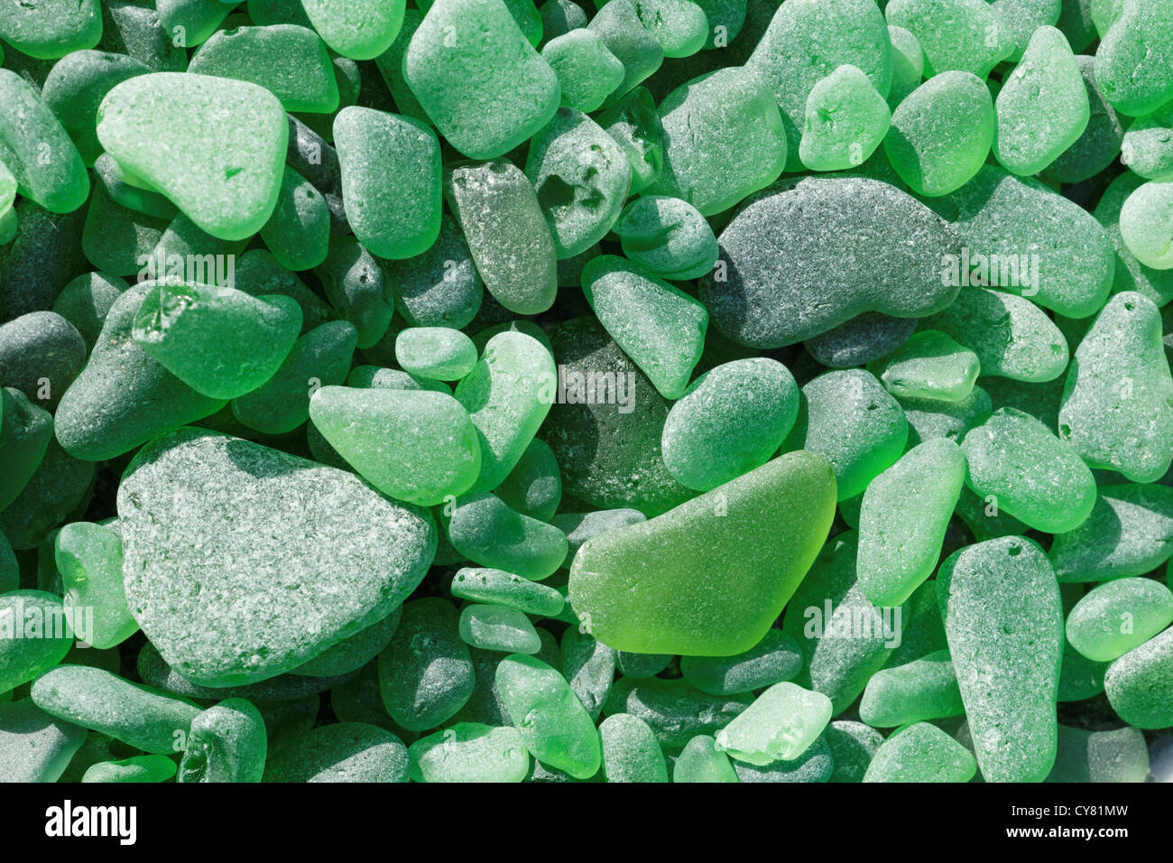 Verwitterte smaragdgrünes Meeresglas am North Beach, Port Townsend, Jefferson County, Bundesstaat Washington, USA Stockfoto