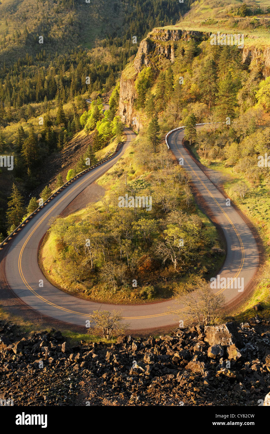 Scenic Highway 30 nimmt eine Haarnadelkurve absteigend von der Hochebene Rowena Rowena, Oregon, USA Stockfoto