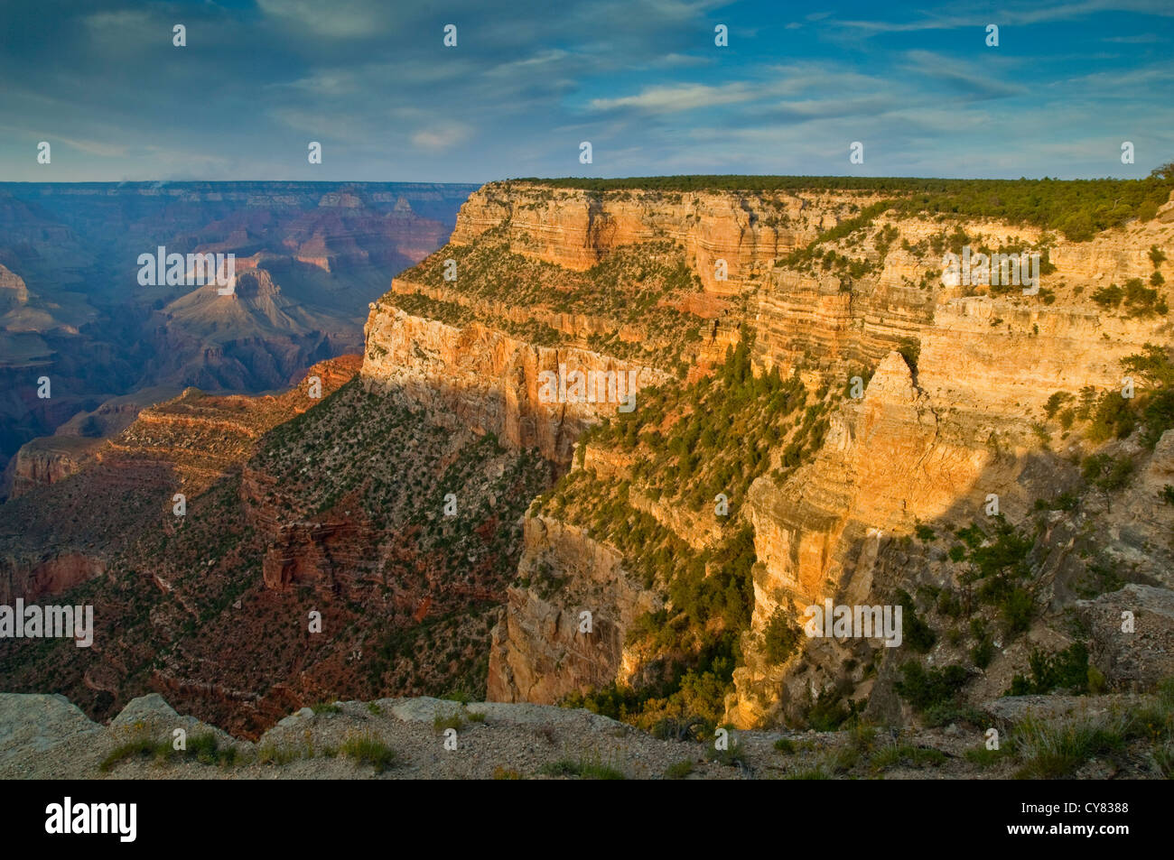 Sonnenuntergang auf dem South Rim in der Nähe von Grand Canyon Village, Grand Canyon Nationalpark in Arizona Stockfoto