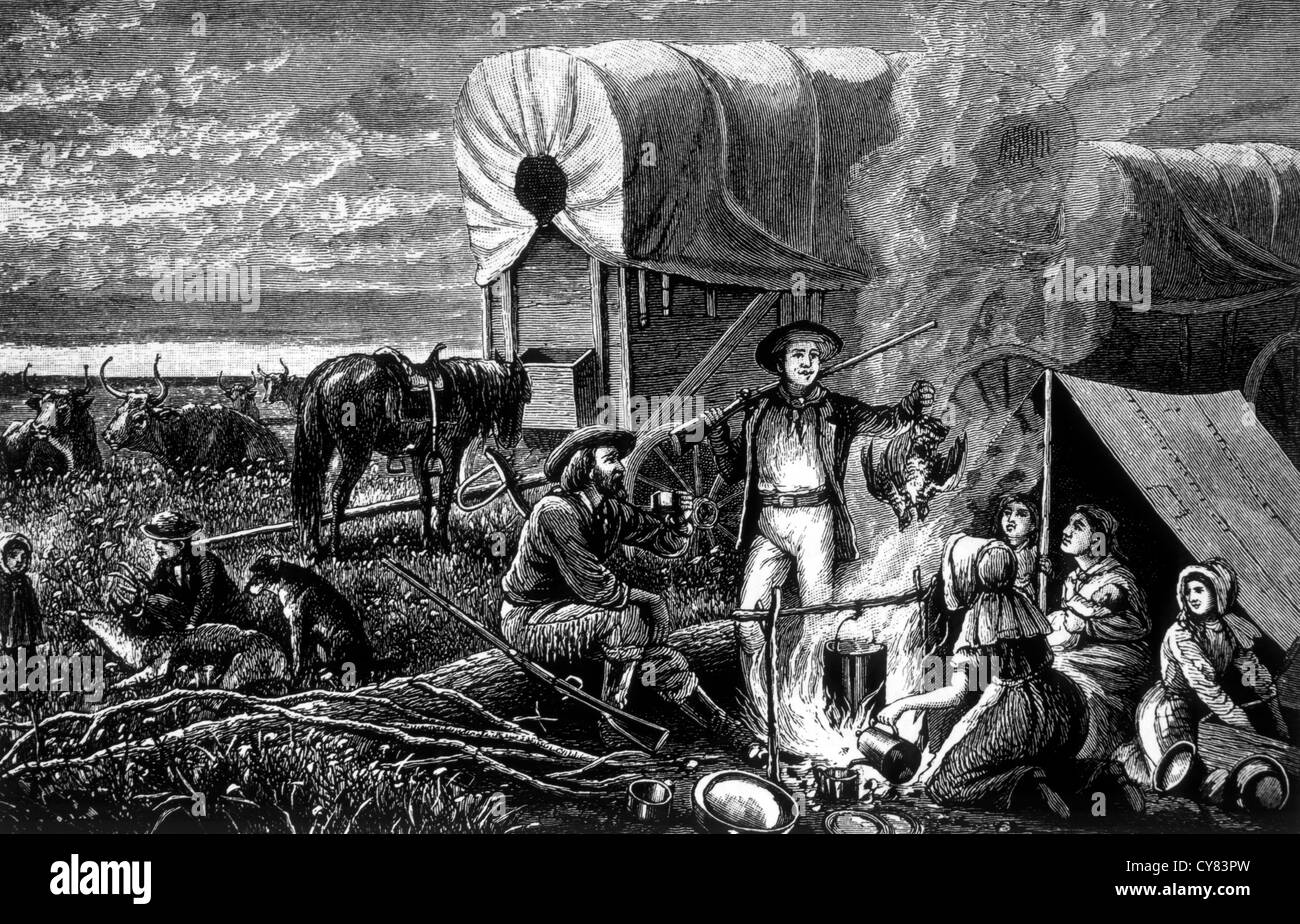 Gruppe von Migranten Reisen West in Waggons, Gravur, Circa 1843 abgedeckt Stockfoto