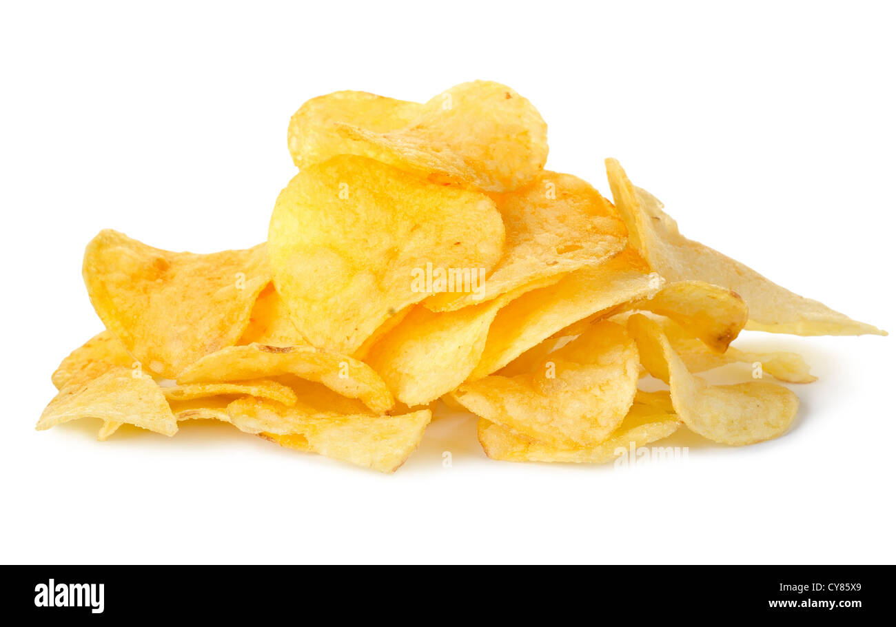 Kartoffel-Chips, die auf einem weißen Hintergrund isoliert Stockfoto